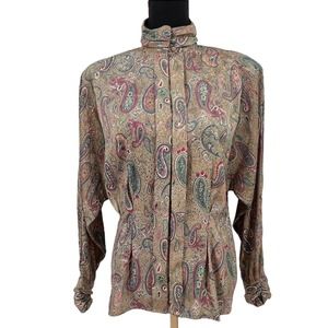 Vintage TESS Paris Milano Tan Long‎ Sleeve Pleated Paisley Floral Blouse Sz 12